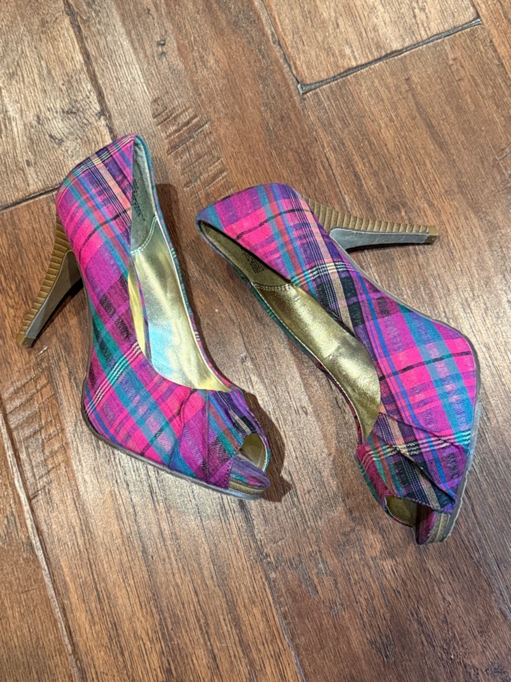 Size 6.5 Candie's Pink Plaid Peep-Toe High Heels